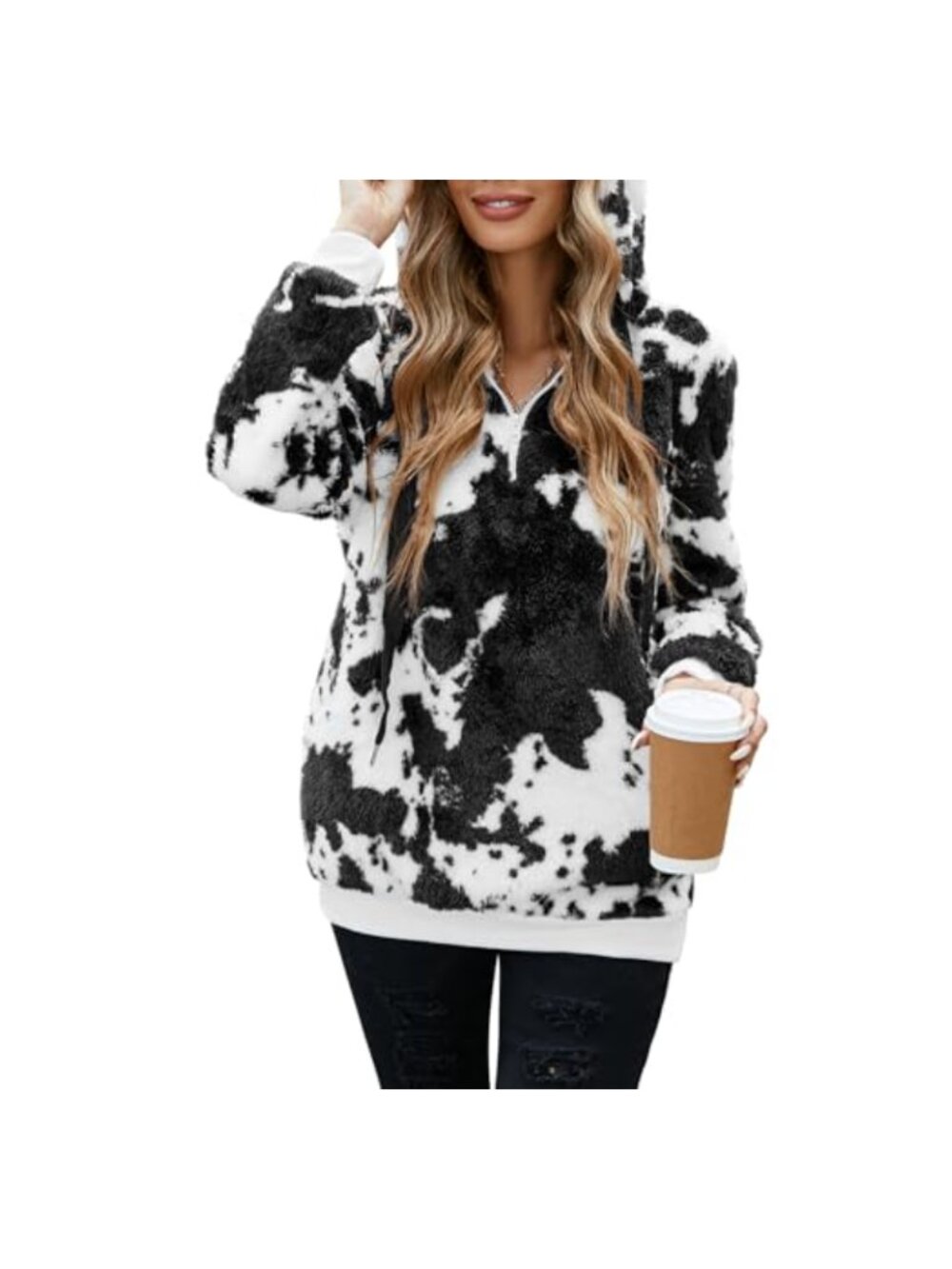 Oversized Sherpa Hoodie 1/4 Zip Cow Print Pullover with Pockets